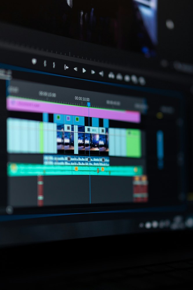 Close-up of a video editing timeline on screen